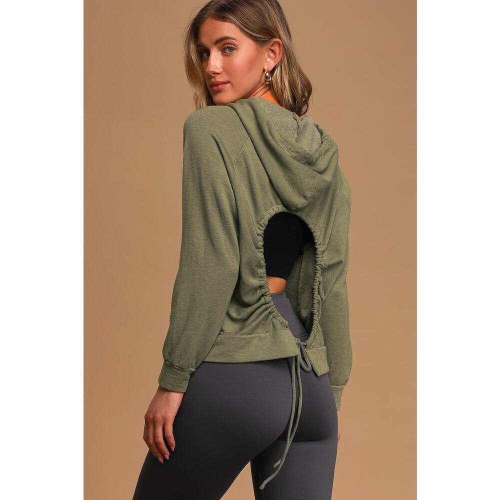 Lulus Year Round Back Cutout Drawstring Hoodie Olive Green XS New